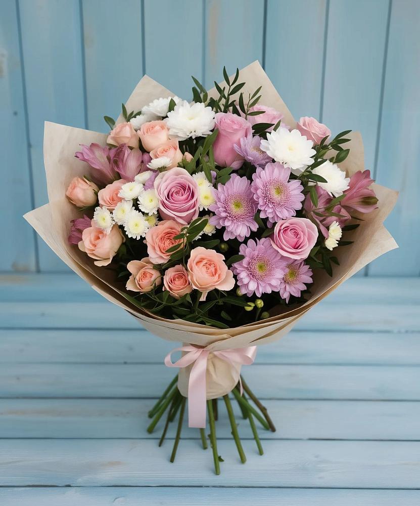 Букет цветов из: Хризантемы, Розы и Альстромерии в Новотроицкой