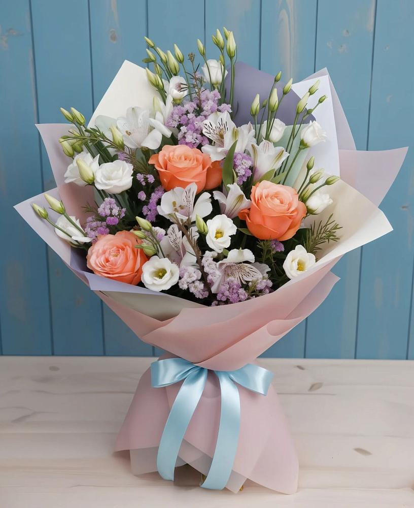 Букет цветов из: Лизиантусы, Розы, Альстромерии и Гипсофила в Новотроицкой