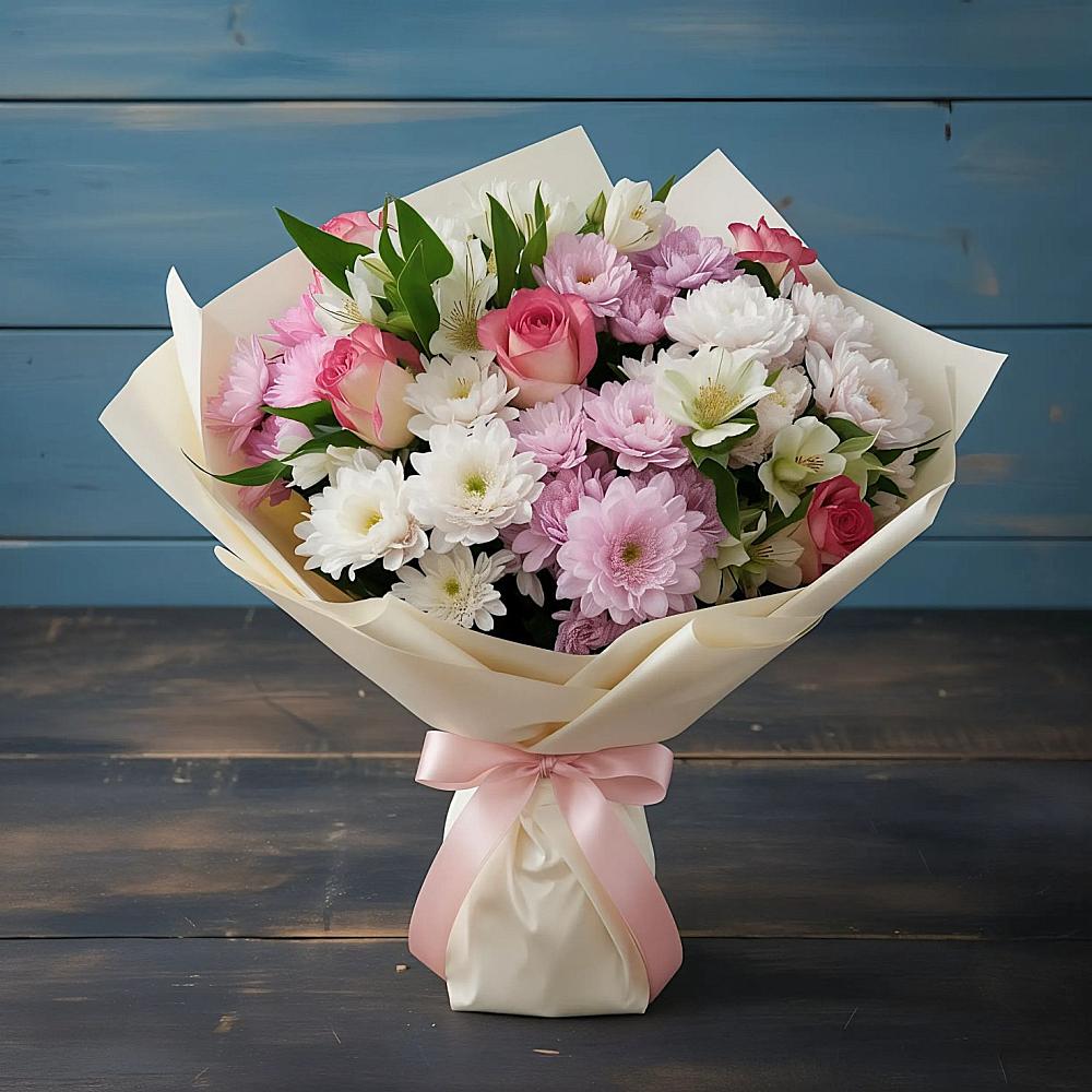 Букет цветов из: Хризантемы, Альстромерии и Розы в Новотроицкой